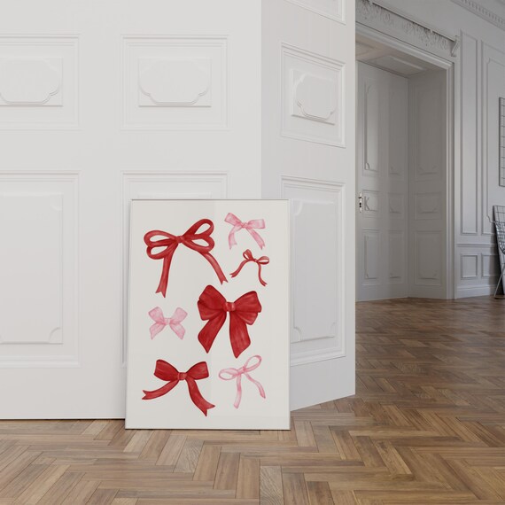 Coquette Red Bow Print Trendy Pink Cute Girly Wall Art Preppy Watercolor Bow Simple Minimalist Poster Ribbon Bow Balletcore