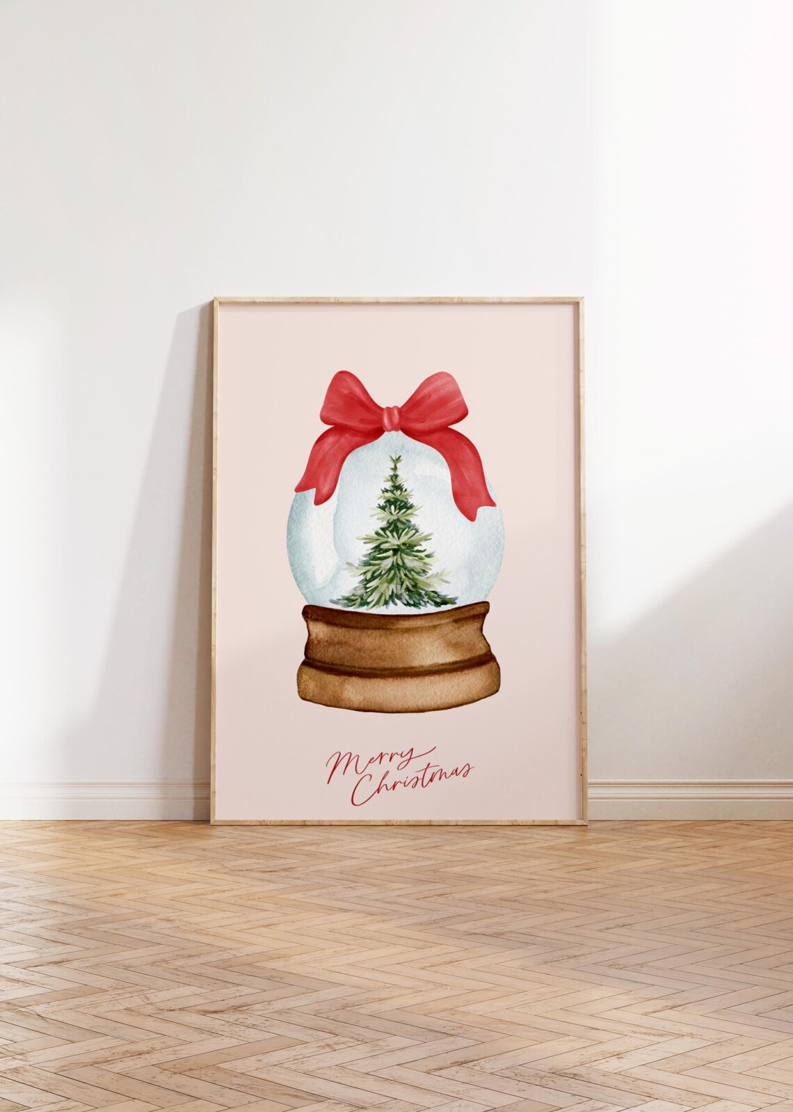 Merry Christmas Snow Globe Tree Watercolor Red Bow Holiday Poster - Image 2