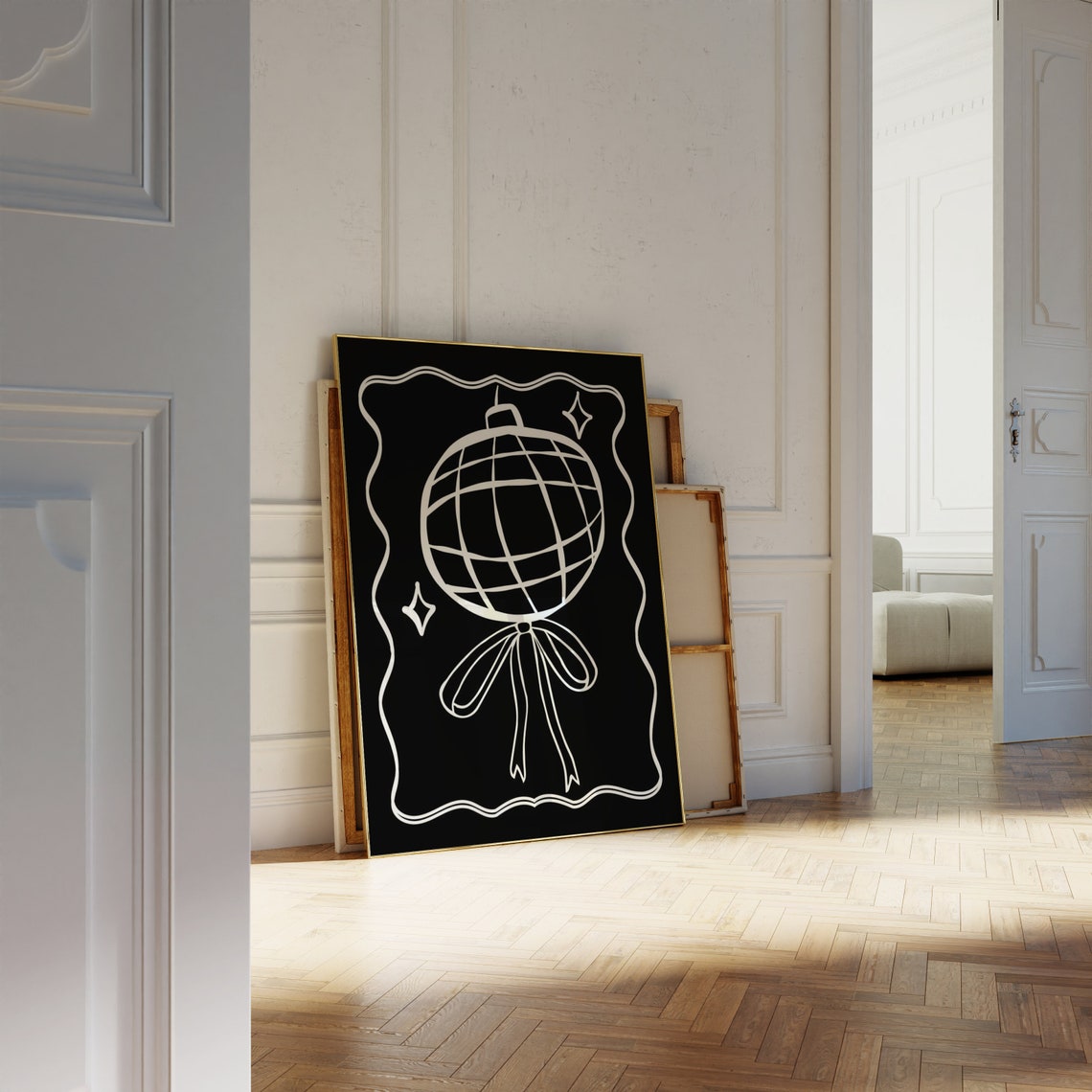 White Line Art Disco Ball With Bow On Black Wavy Frame Poster - Image 5