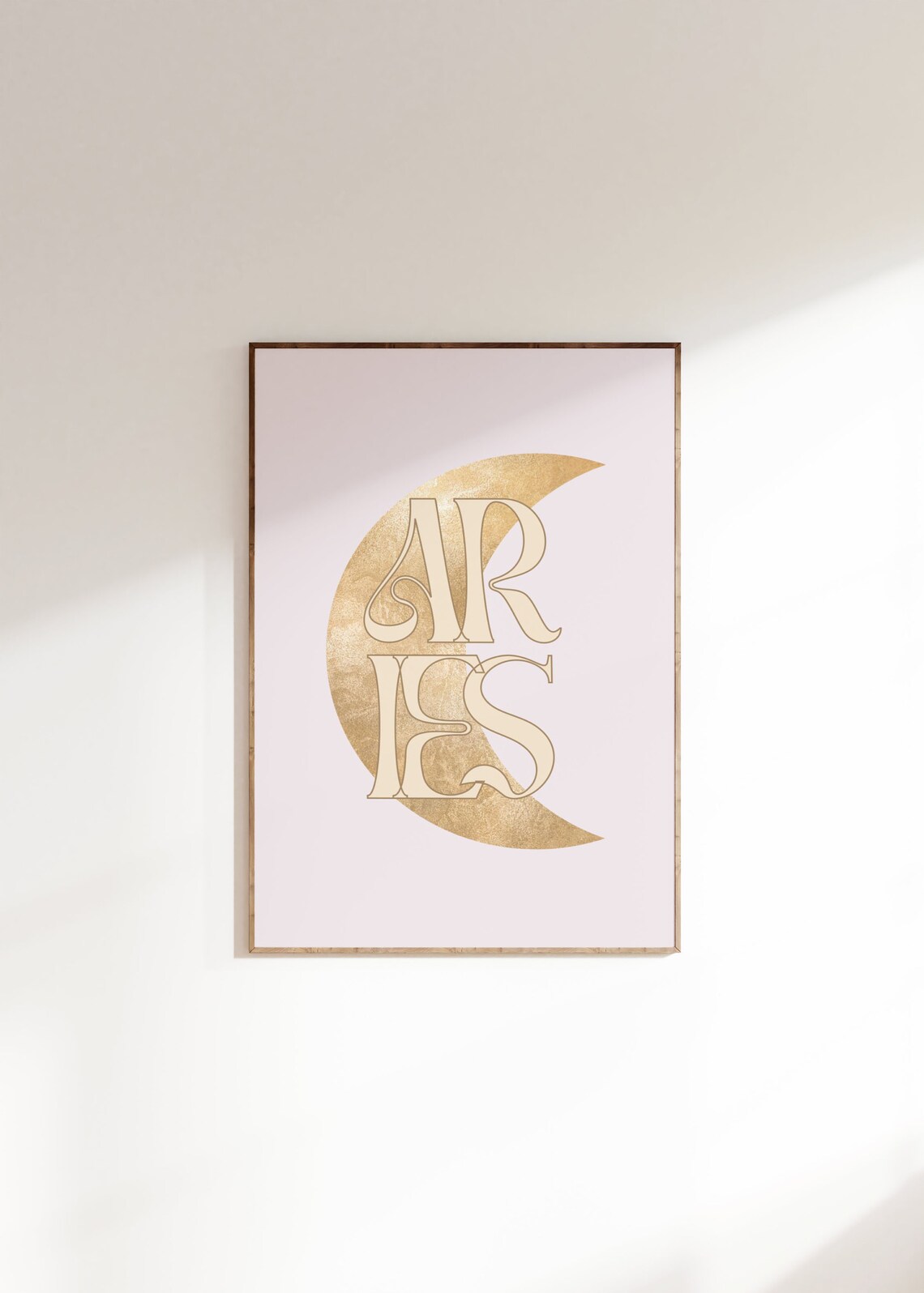 Aries Gold Crescent Moon Art Nouveau Blush Pink Zodiac Typography Poster