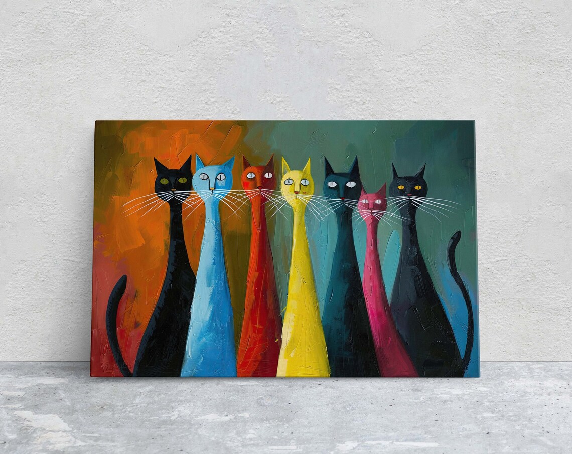 Seven Colorful Cats Whimsical Rainbow Long Whiskers Art Poster