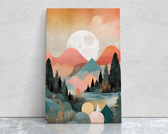 Minimalist Mountains Sunset Decor Flat Art Vibrant Color Bold Art Vertical Abstract Mountain Mid Century Modern Scandinavian Print