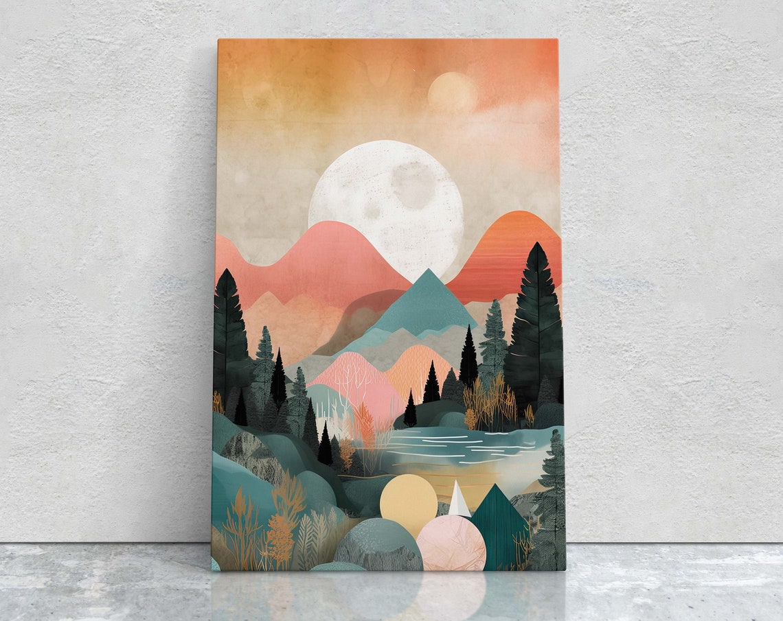 Misty Moonrise Mountain Valley Pine Forest Peach Sky Art Poster