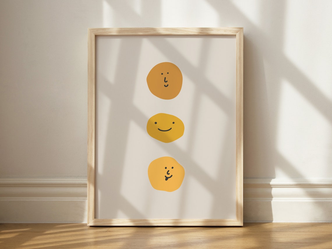 Cute Hand Drawn Smiley Faces Trio Warm Minimal Gallery Wall Art