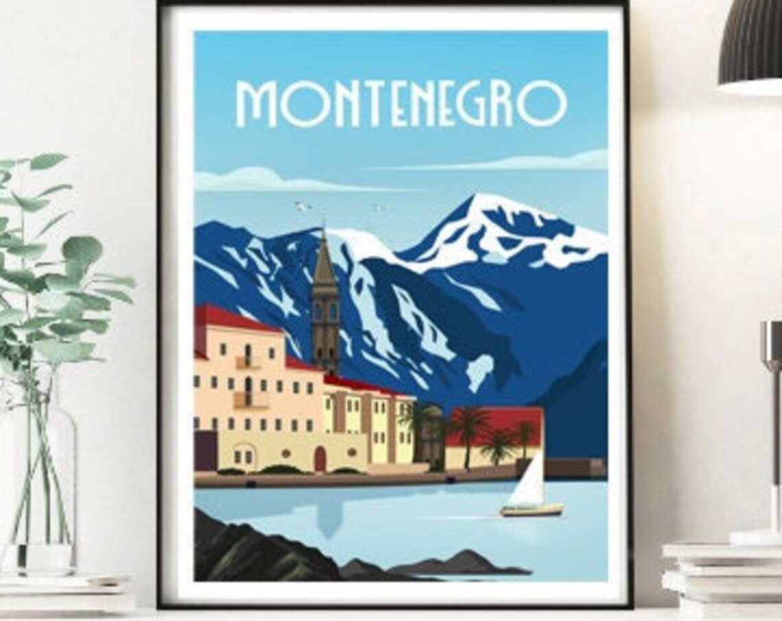Montenegro Retro Travel Poster, Romantic Wall Art