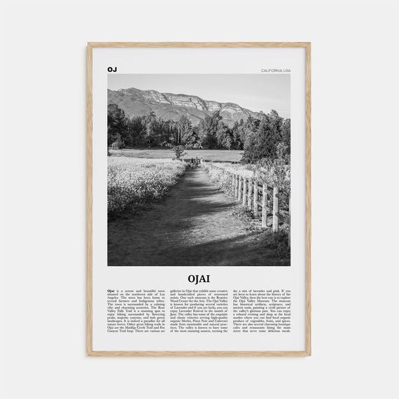 Ojai Black and White Travel Poster, California USA