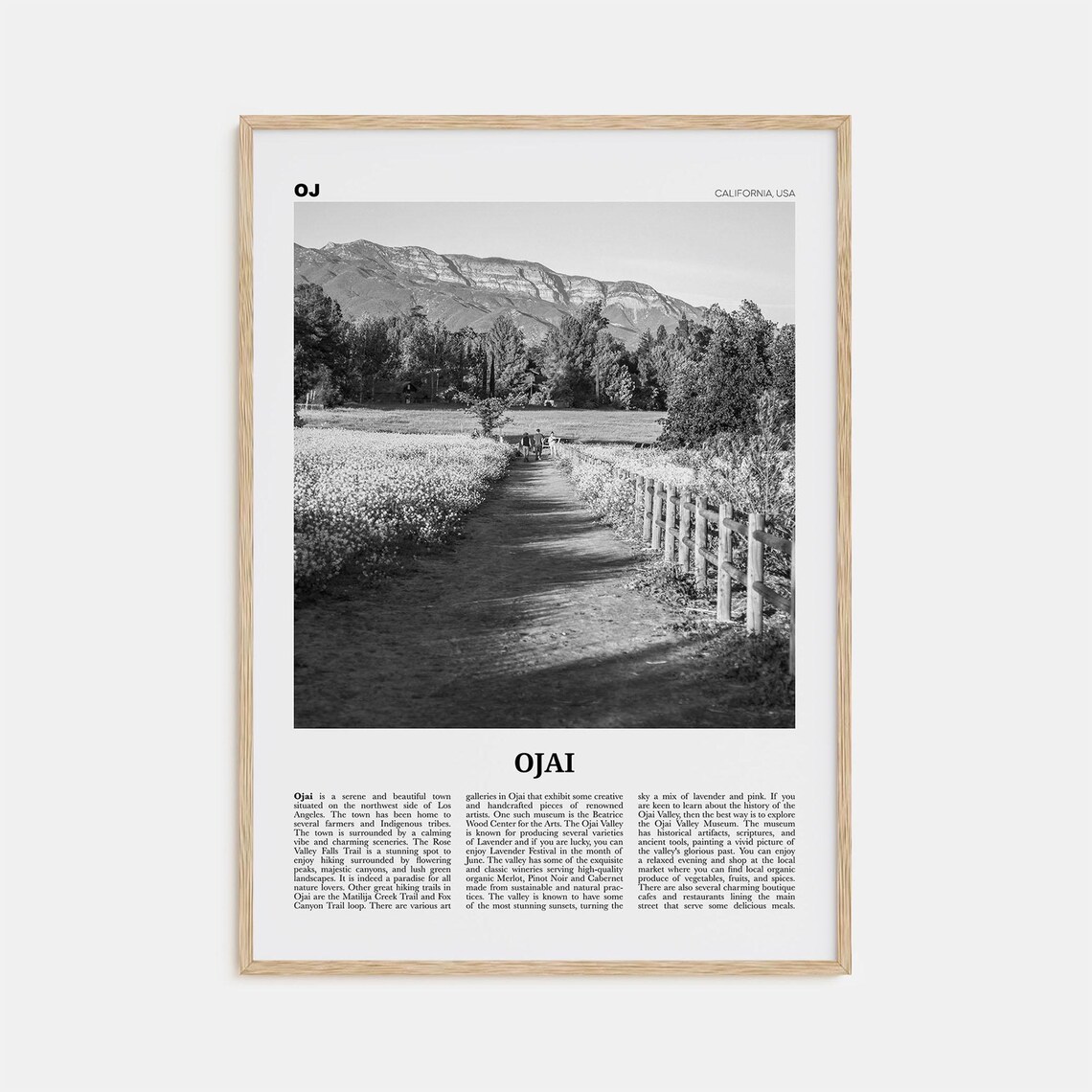Ojai Black and White Travel Poster, California USA