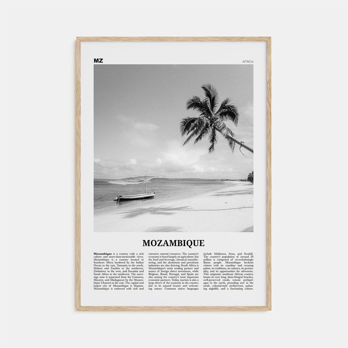 Mozambique Black and White Travel Poster, Maputo Map