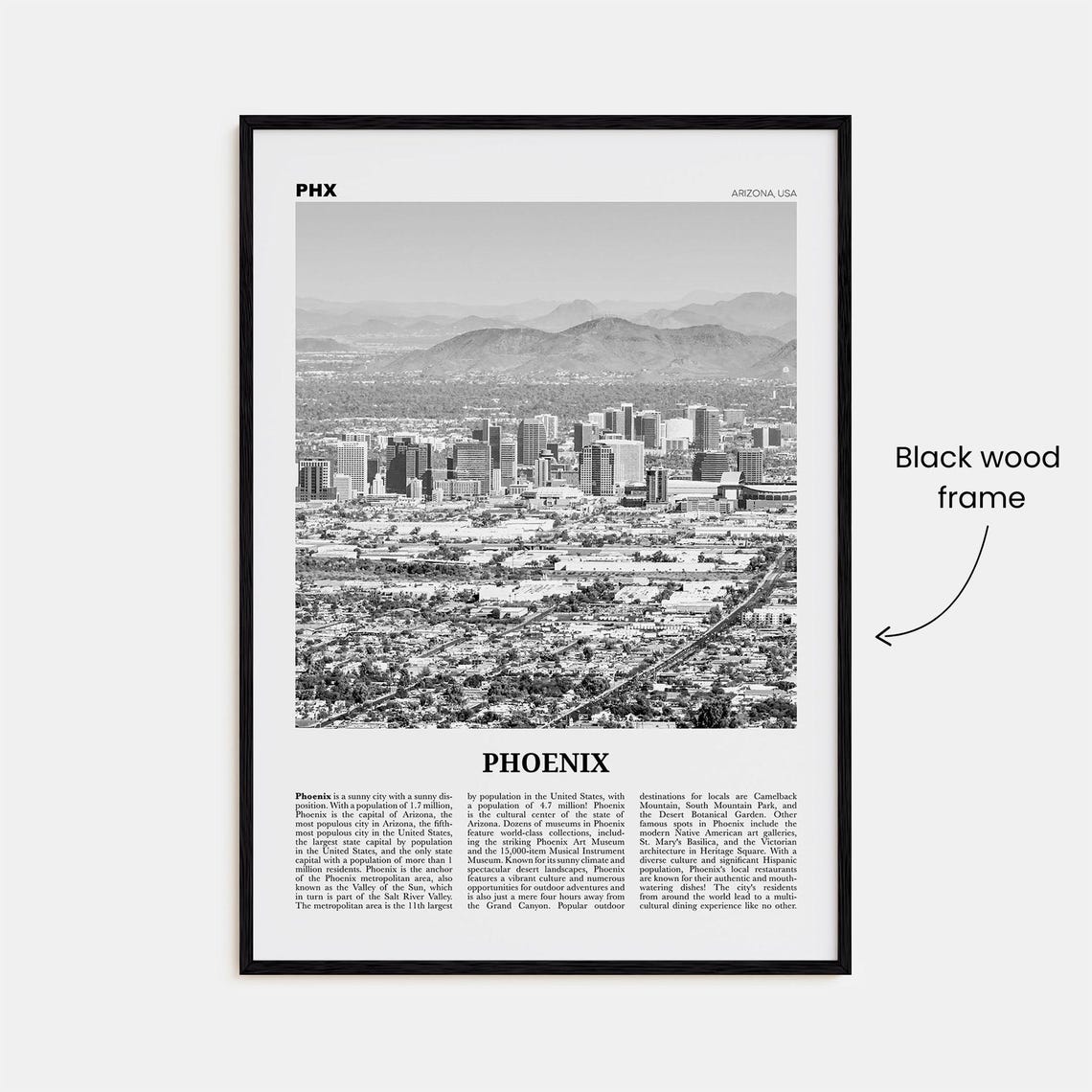 Phoenix, Arizona Black and White No. 1 Travel Poster - Image 3