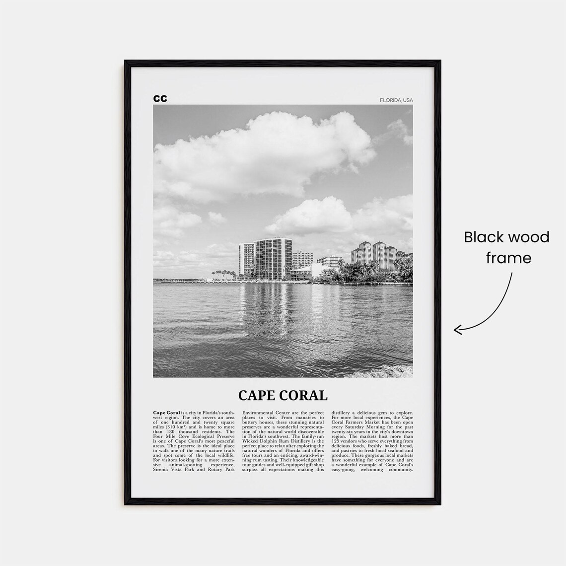 Cape Coral, Florida Black And White Travel Poster - Image 3
