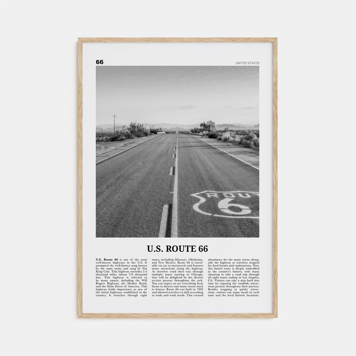 US Route 66 Black And White Travel Map Poster