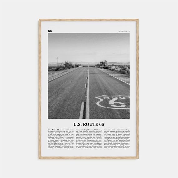 US Route 66 Black And White Travel Map Poster