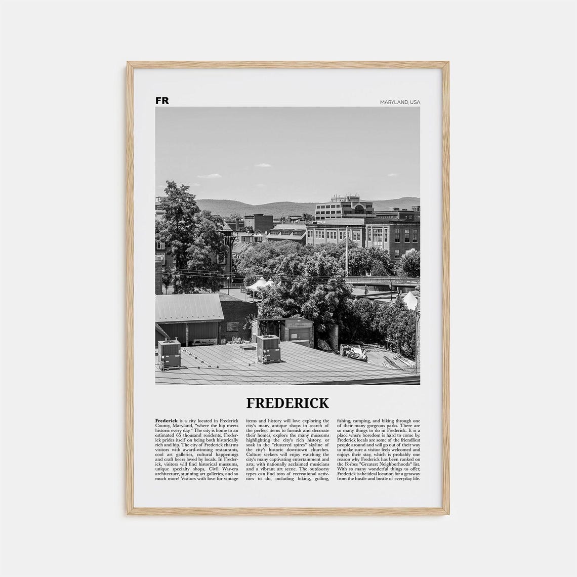 Frederick Black and White Travel Poster, Maryland USA