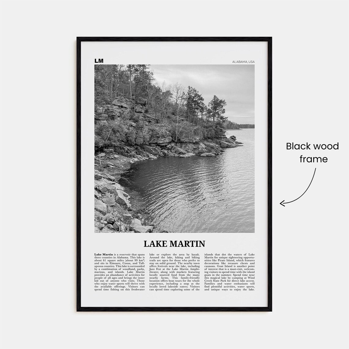 Lake Martin Black and White Travel Poster, Alabama - Image 3