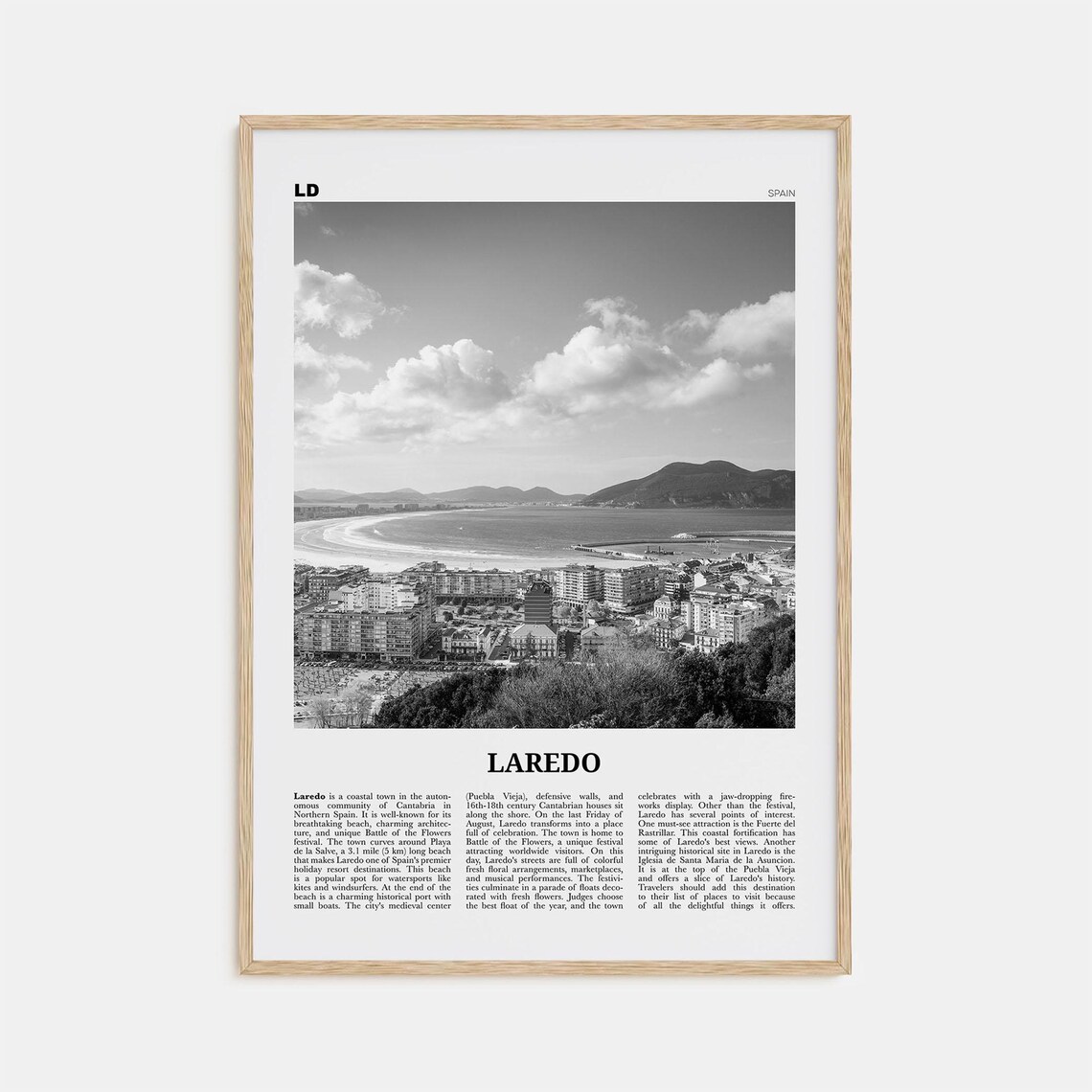 Laredo, Spain Black and White Map Travel Poster