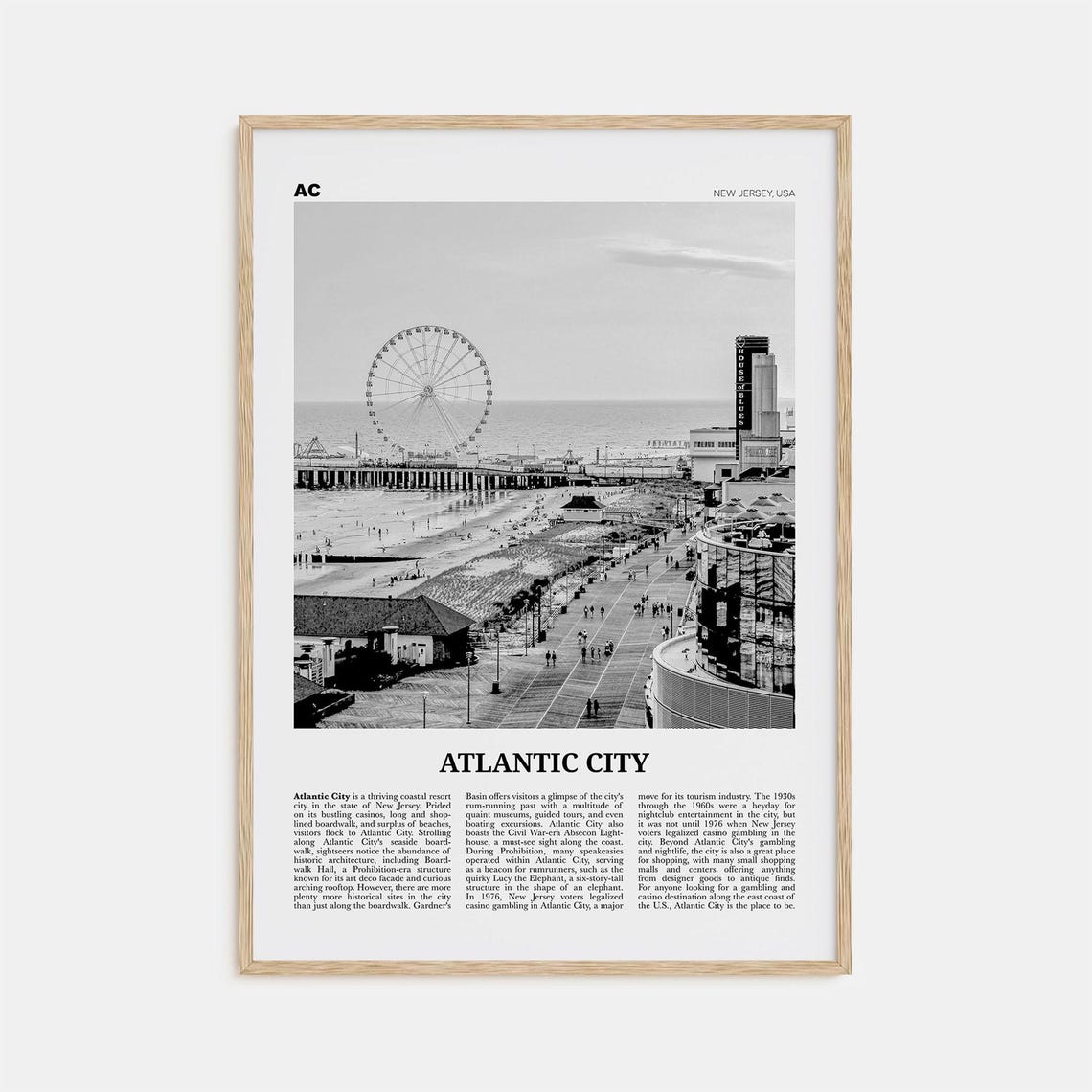 Atlantic City Black And White Travel Art Print