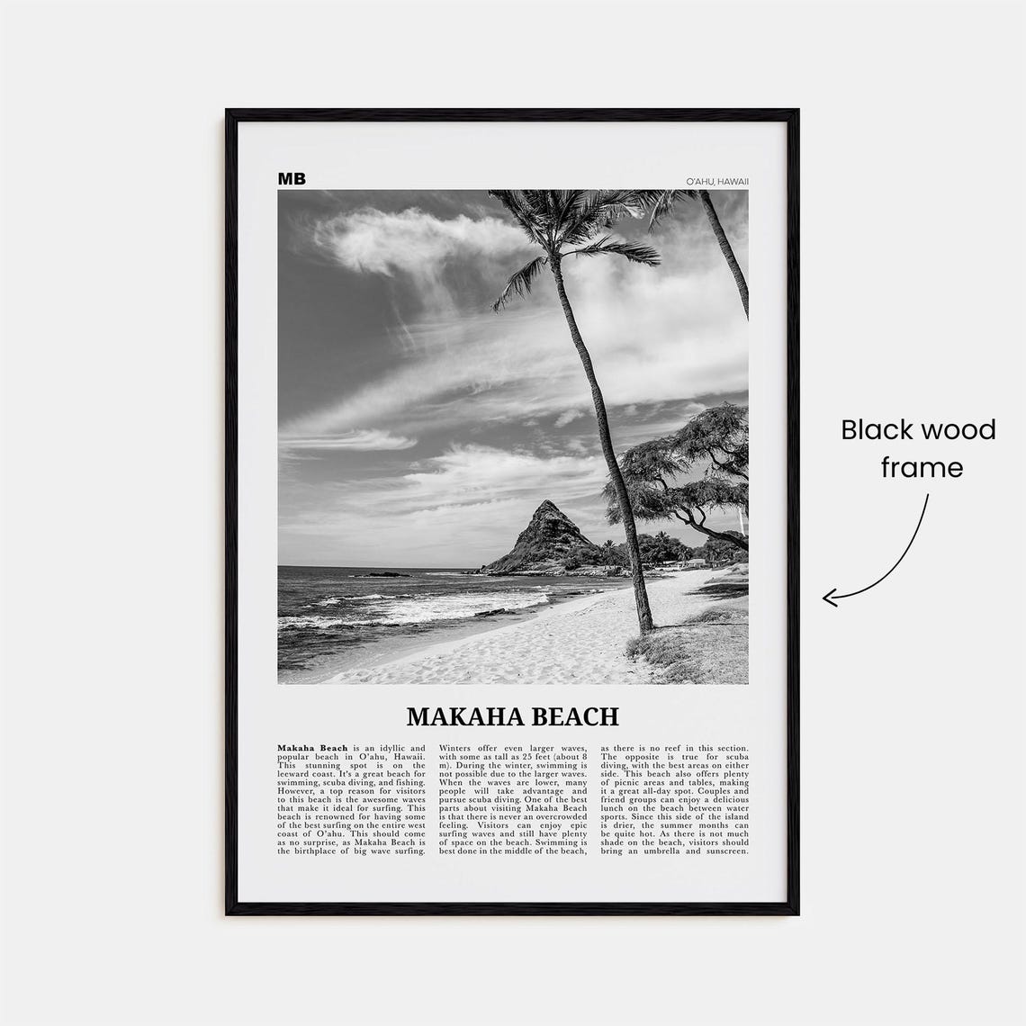 Makaha Beach Black and White Travel Poster, Oahu - Image 3