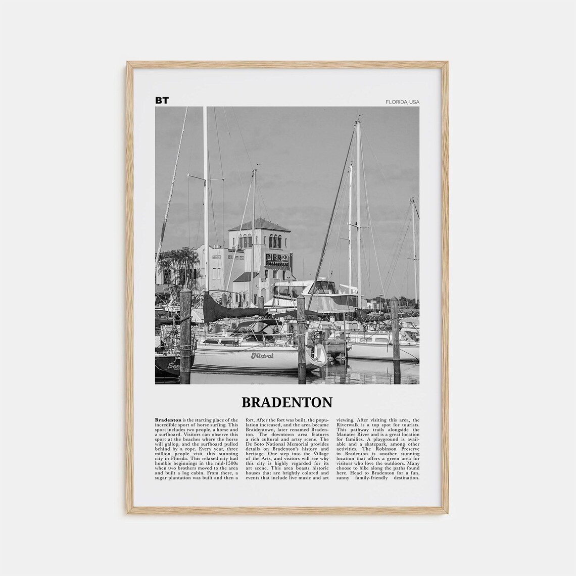 Bradenton Black and White Travel Poster, Florida Map