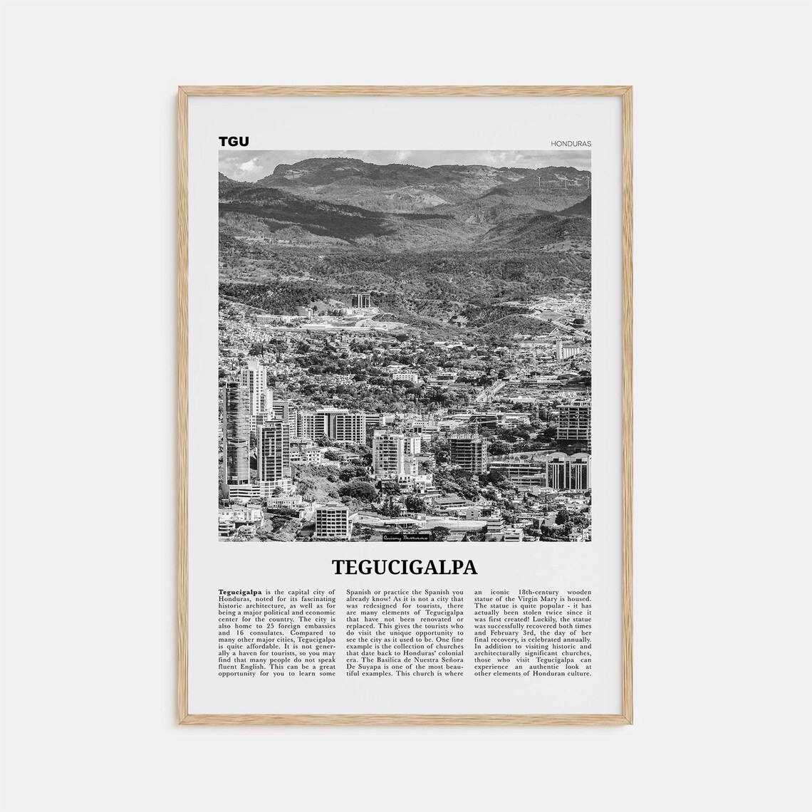 Tegucigalpa Black and White Travel Poster, Honduras