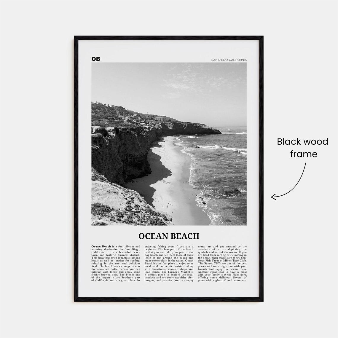 Ocean Beach, San Diego Travel Poster, Black and White - Image 3
