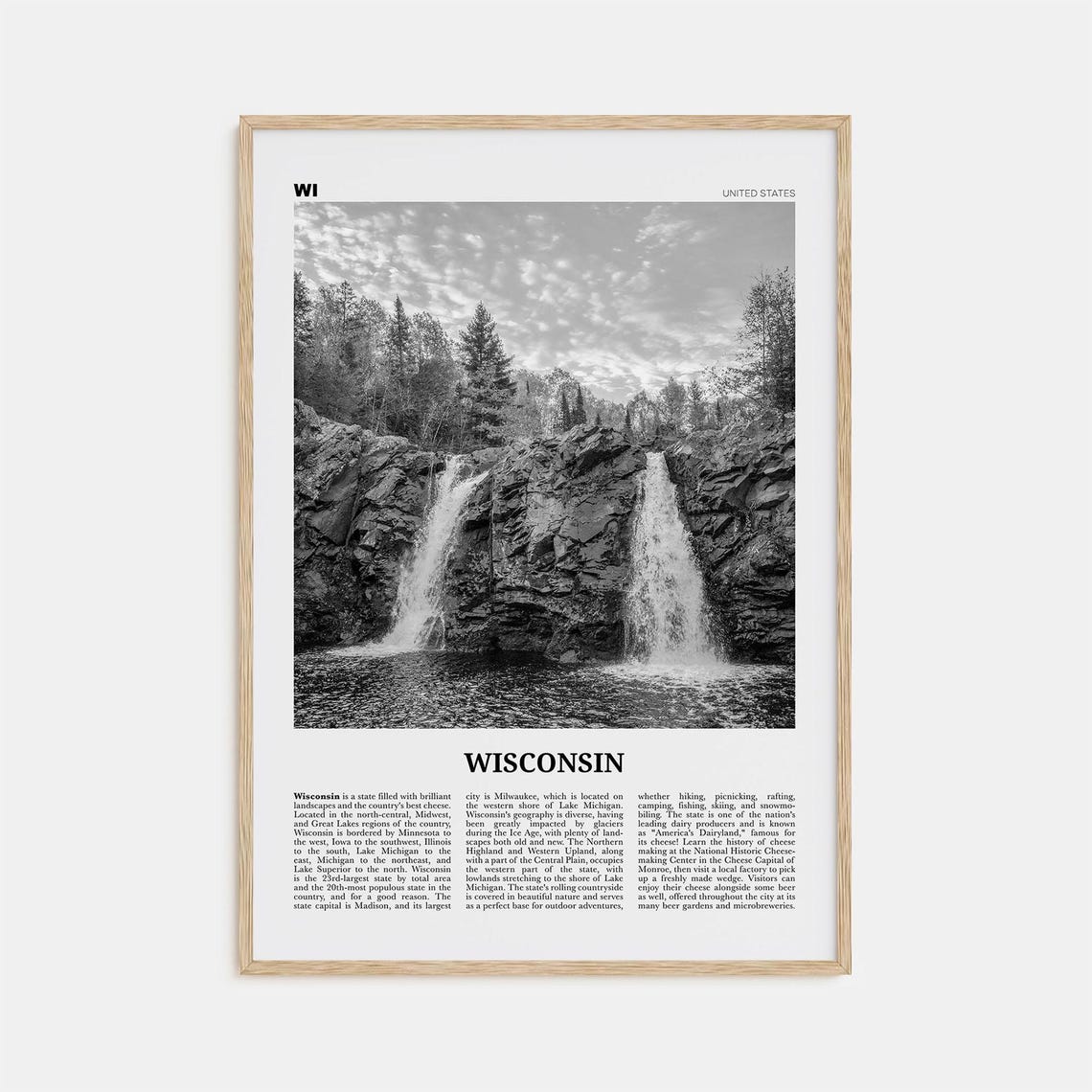 Wisconsin Black and White Travel Map Art Print