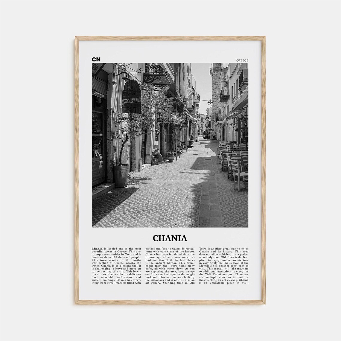 Chania Black And White Travel Poster, Greece Map