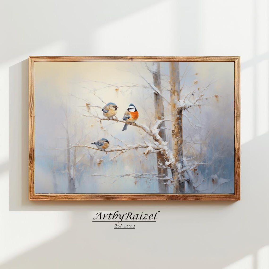 Winter Songbirds Snowy Branches Misty Forest Painting Poster
