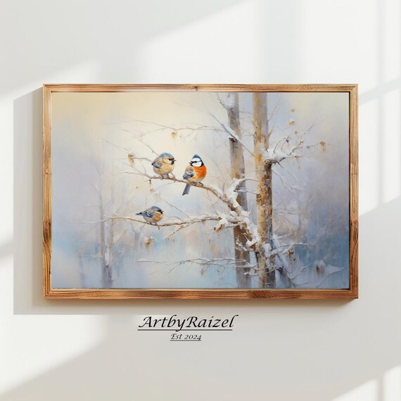 Winter Songbirds Snowy Branches Misty Forest Painting Poster