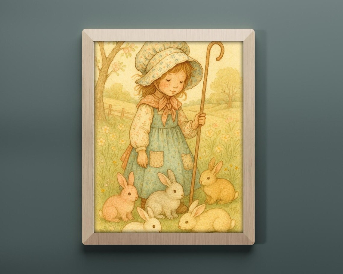 Vintage Girl And Bunnies, Whimsical Nursery Art - Image 4