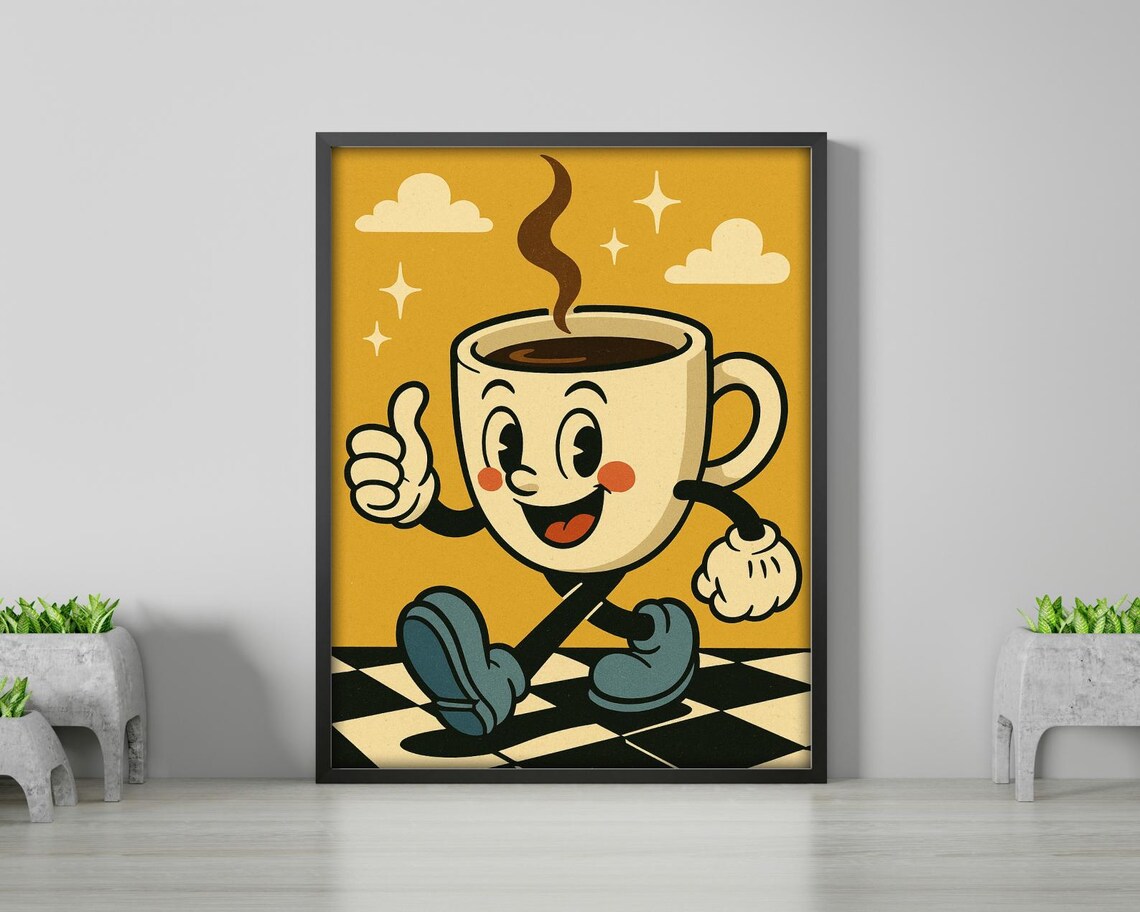 Retro Coffee Cup Character, Vintage Style Art Print - Image 2