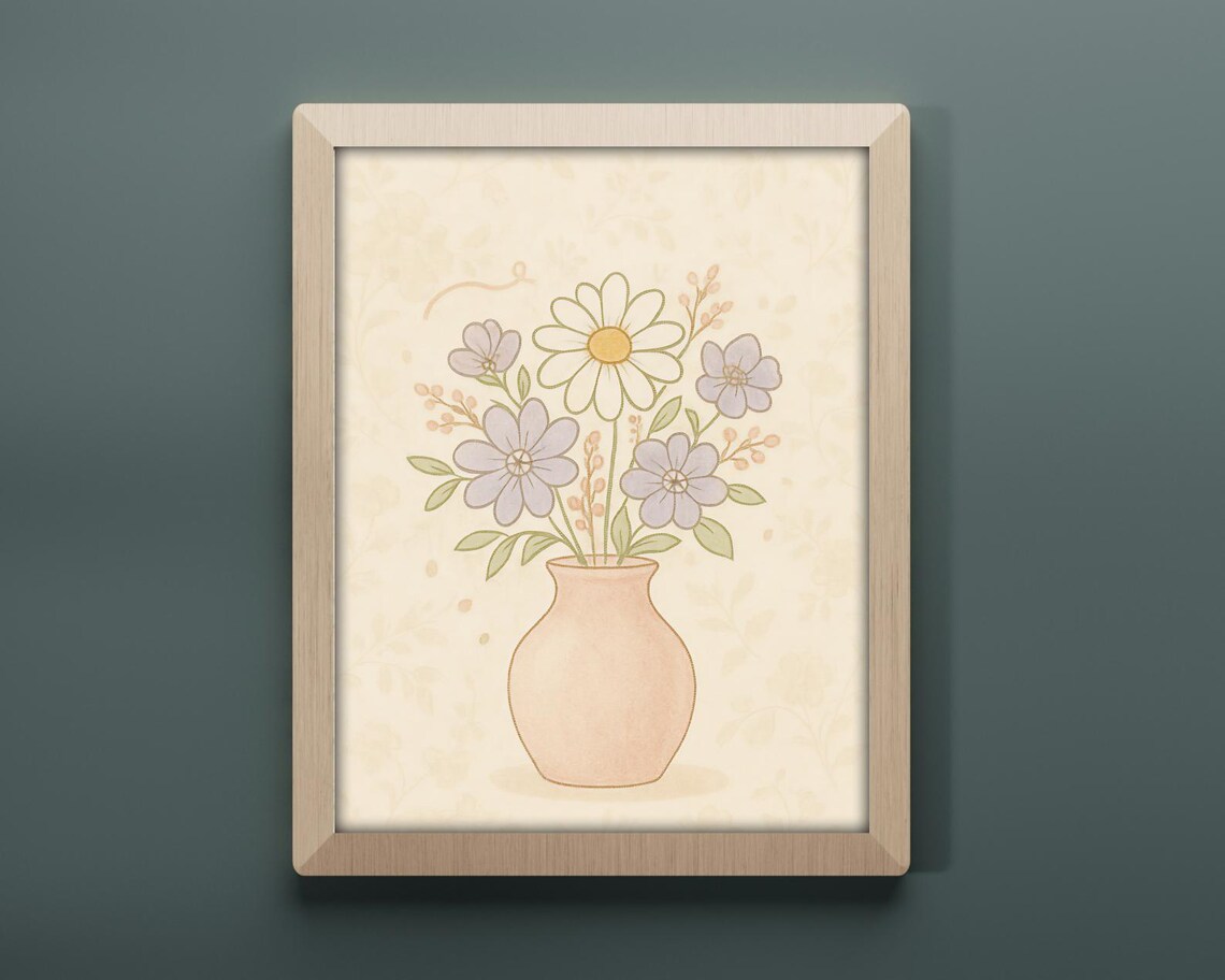 Soft Floral Bouquet in Vase, Pastel Line Art - Image 2