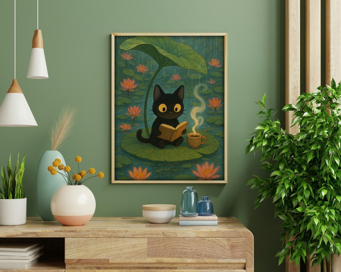 Black Cat Under Lily Pad - Rainy Day Art - Image 3
