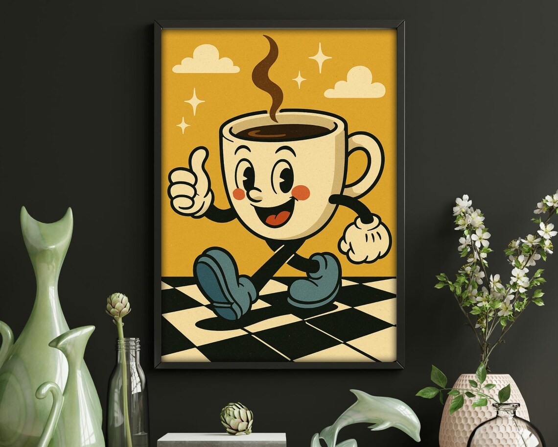 Retro Coffee Cup Character, Vintage Style Art Print