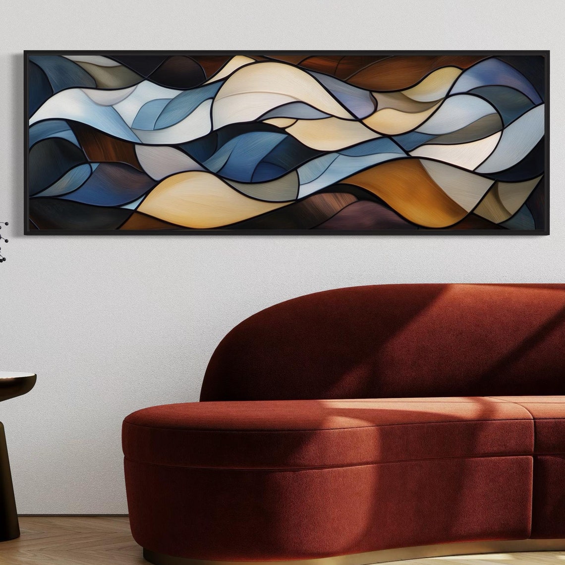 Blue Cream Abstract Waves Fluid Panoramic Stained Glass Style Poster - Image 5