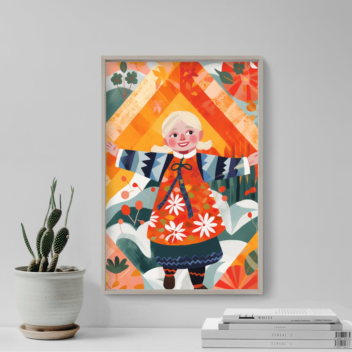 Blonde Girl in Red Floral Folk Dress Joyful Illustration Poster