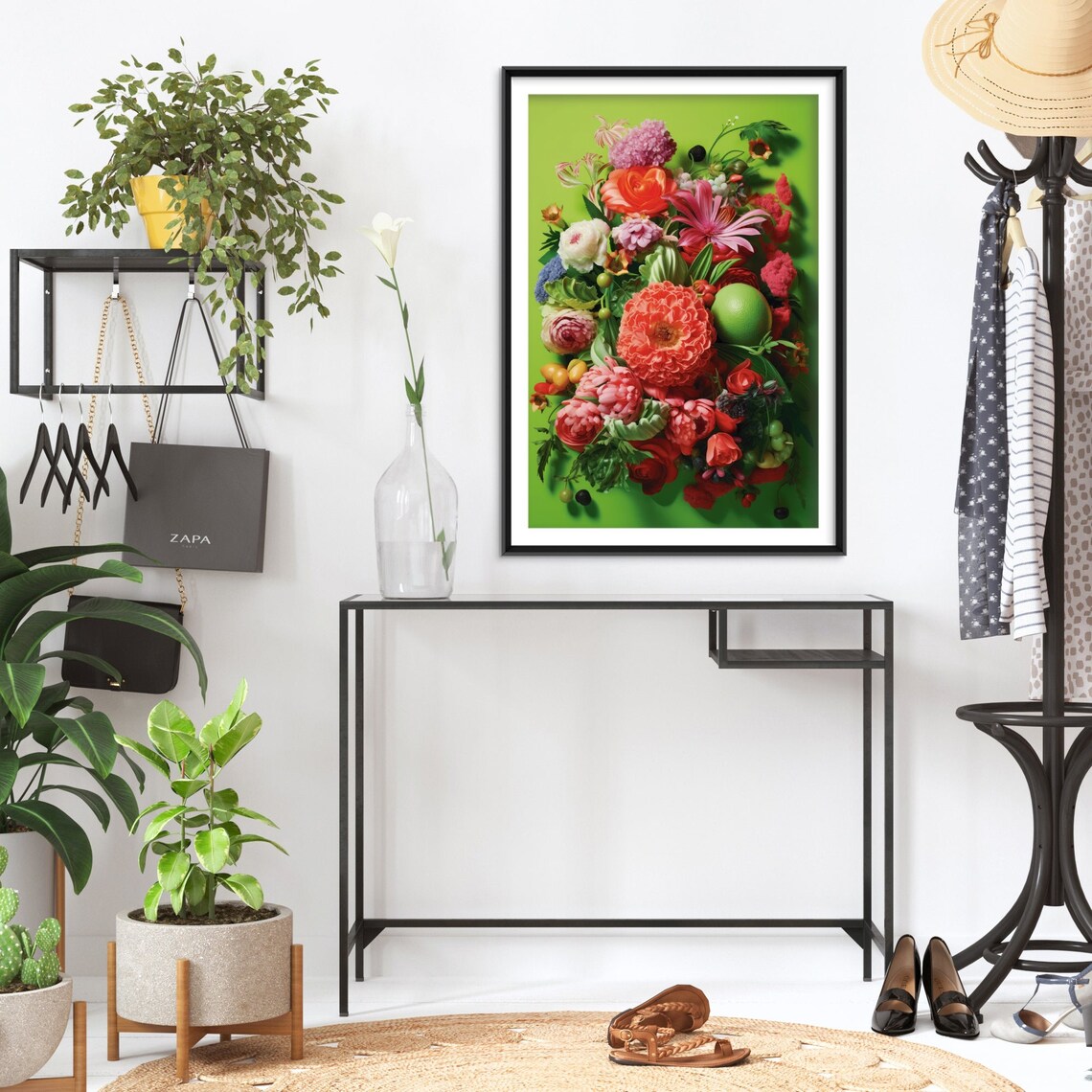 Pink Flower Bouquet Pop Art Bright Green Background Floral Poster - Image 2