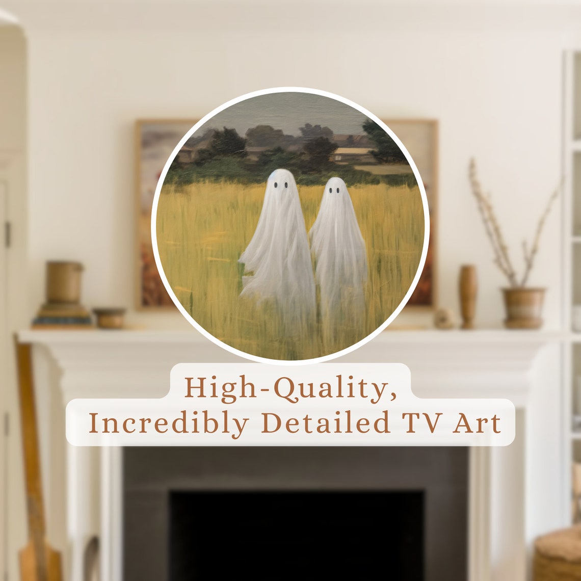 Two Sheet Ghosts In Golden Wheat Field Vintage Halloween Spooky Poster - Image 2