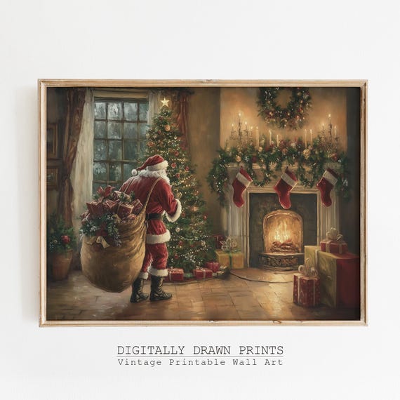 Vintage Christmas Santa Claus Art Print, Cottagecore