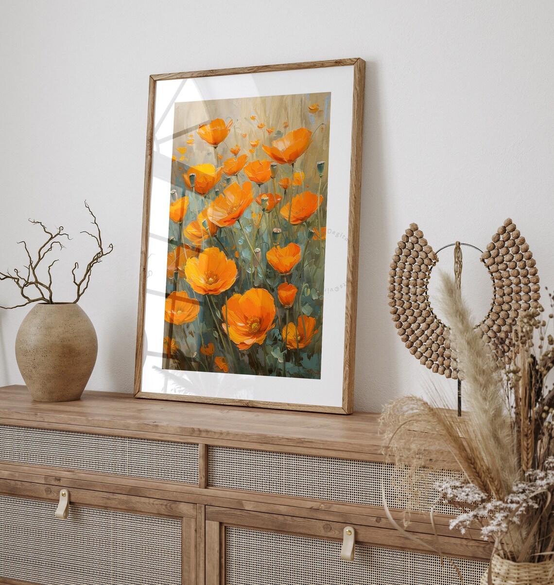 Vibrant Orange Poppies Field Vintage Floral Oil Painting Print - Image 2