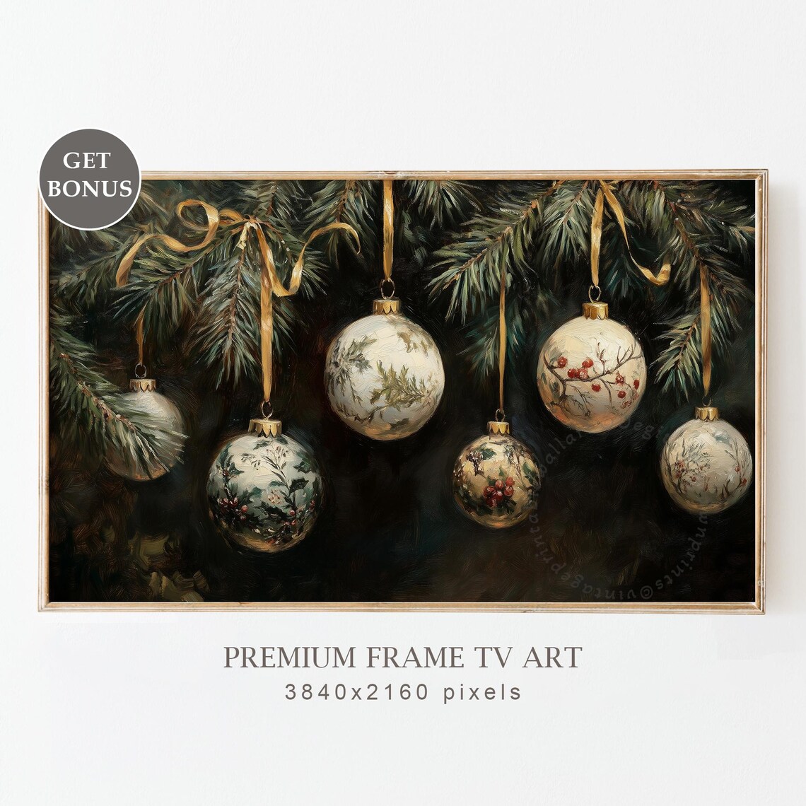 Vintage Hanging Christmas Ornaments Gold Ribbon Dark Festive Poster