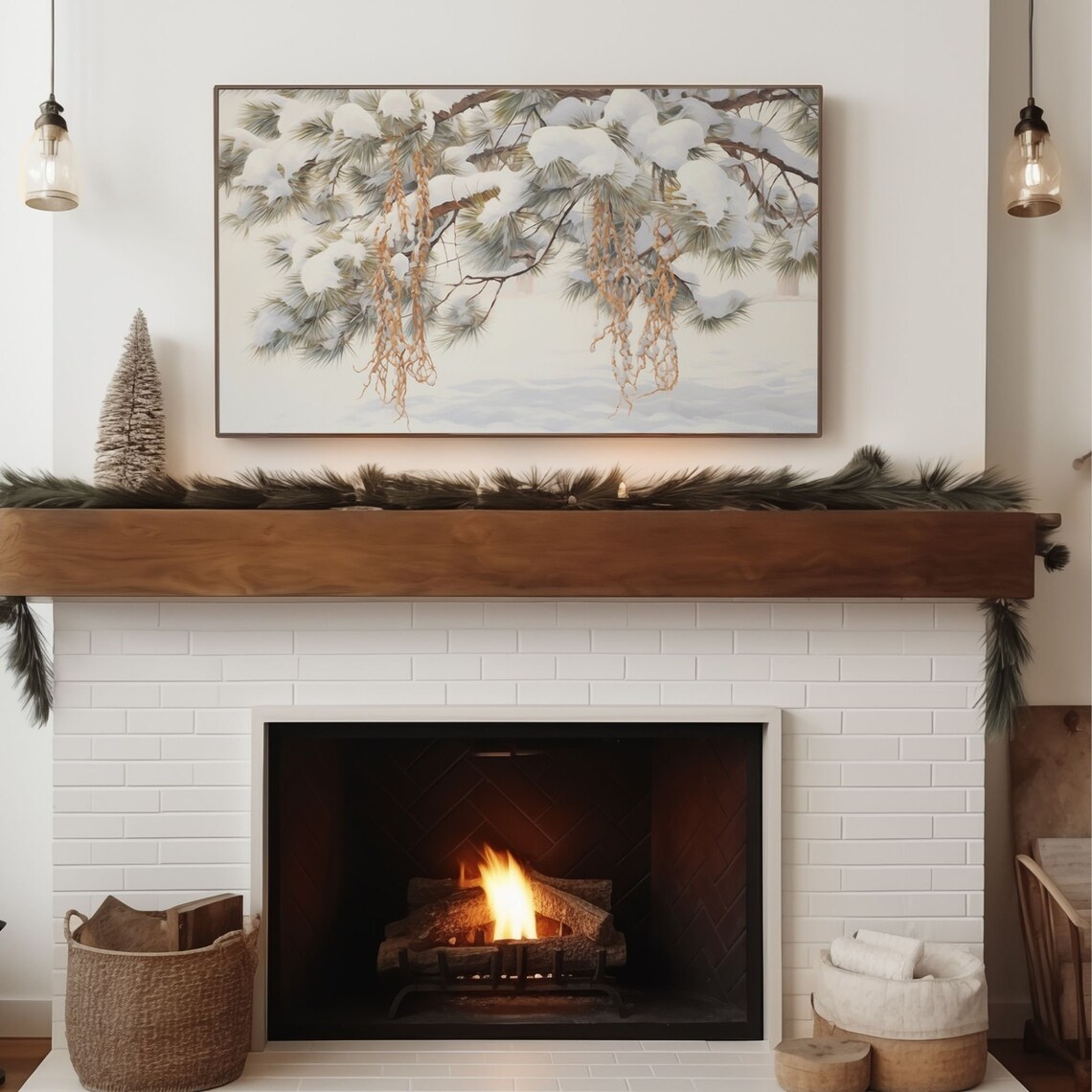 Vintage Christmas Frame Tv Art Snowy Pine Trees Art For Tv Farmhouse Painting Christmas Holiday Decor Tv Art - Image 3