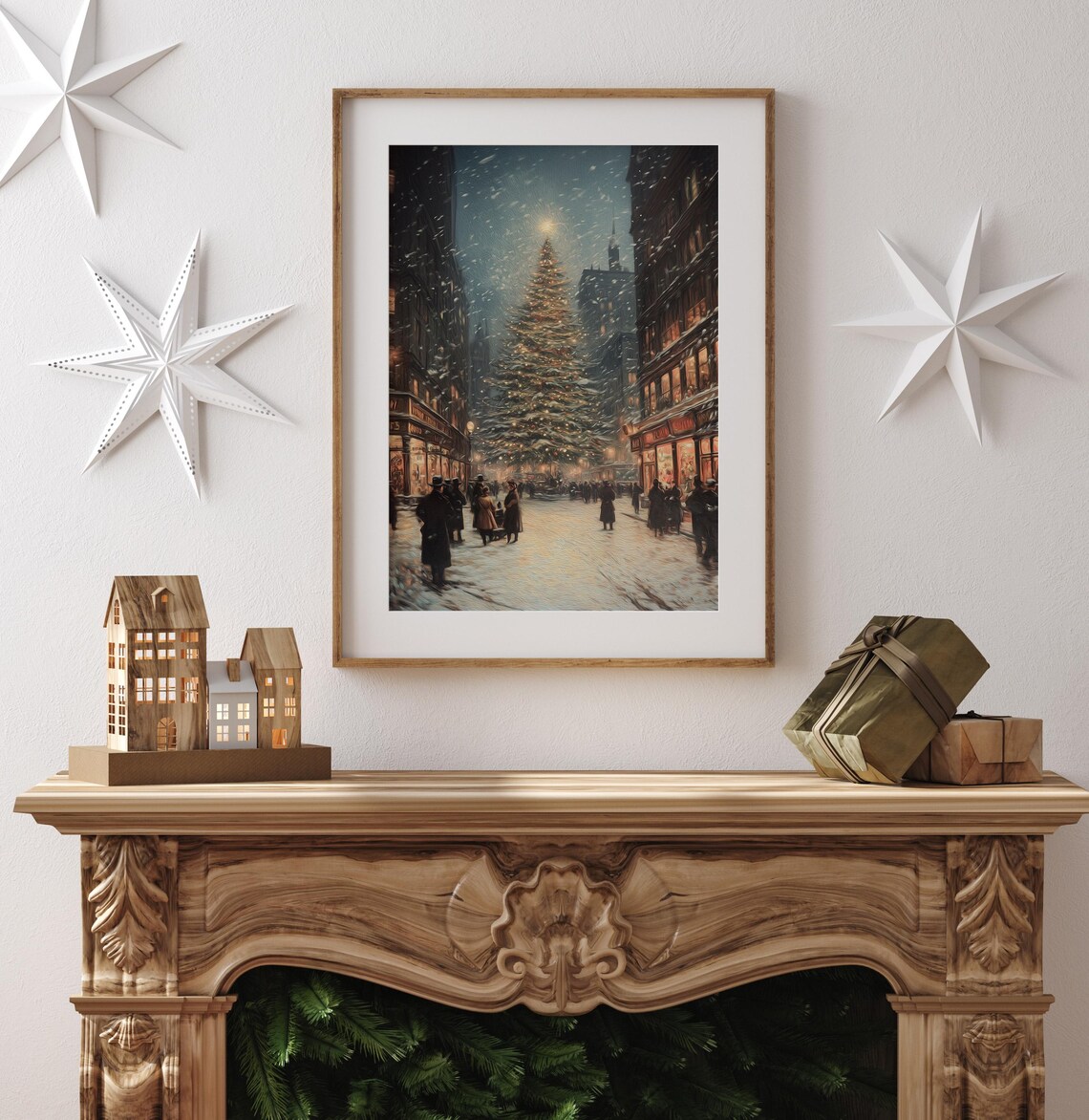 Vintage Christmas City Street Tree Snow Shoppers Golden Lights Poster - Image 4