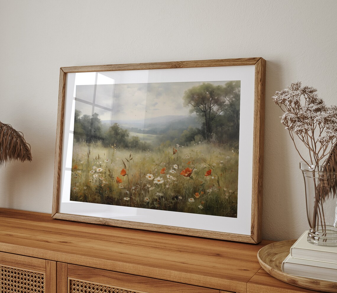 Moody Wildflower Meadow Poppies Misty Valley Vintage Landscape Painting Poster - Image 4
