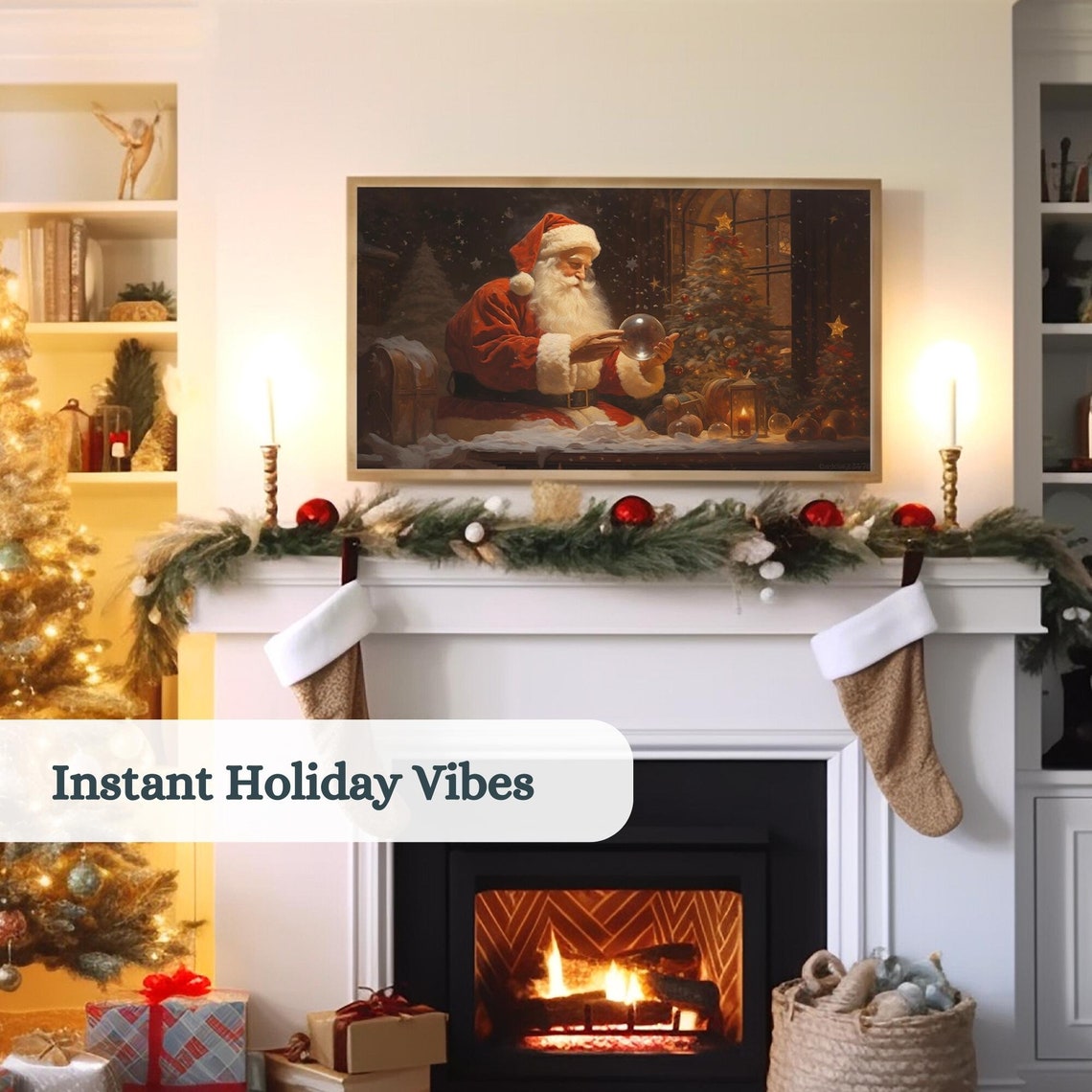 Christmas Frame Tv Art Santa Holding A Winter Globe Vintage Christmas Oil Painting For Tv Farmhouse Christmas Decor Holiday Art - Image 2