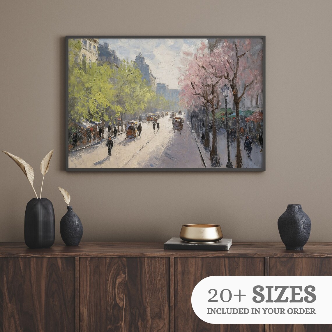 Vintage Spring Boulevard Horse Carriages Blossoming Trees Oil Painting Print - Image 3