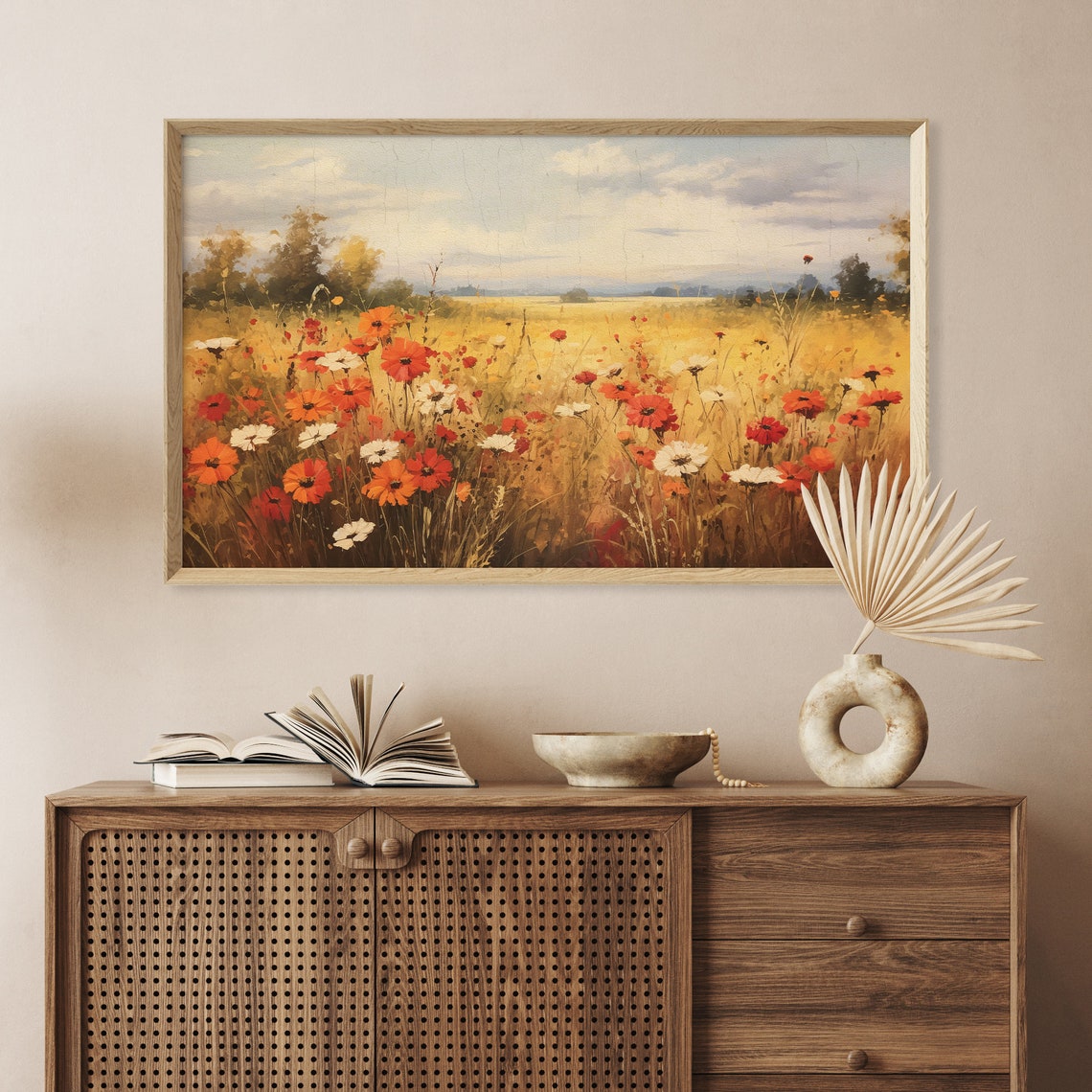 Autumn Meadow Red Orange White Wildflowers Cloudy Sky Vintage Poster - Image 3