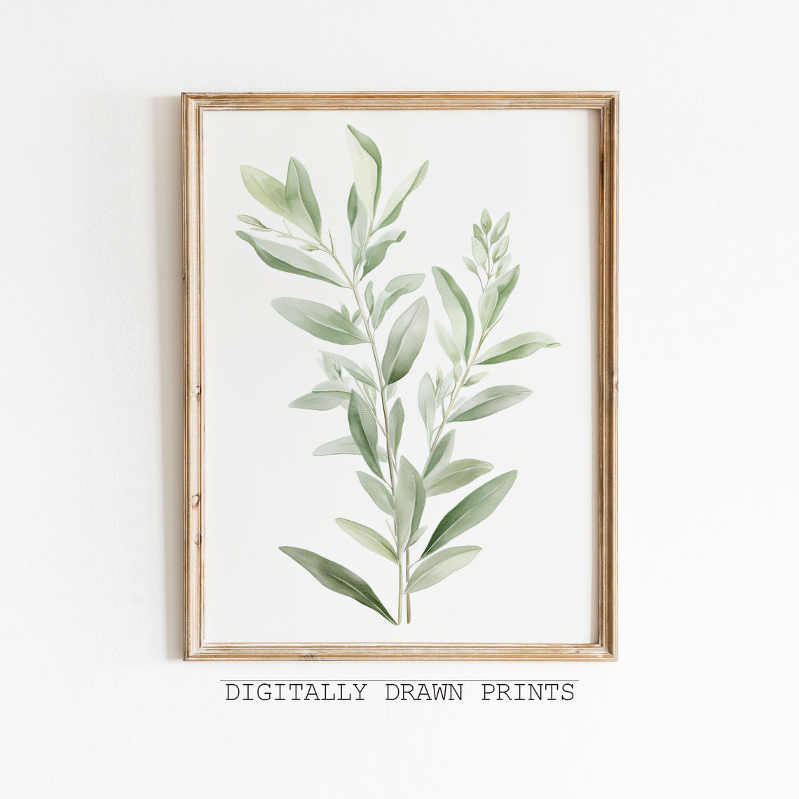 Sage Green Leafy Branches Watercolor Minimal Botanical Wall Art Print