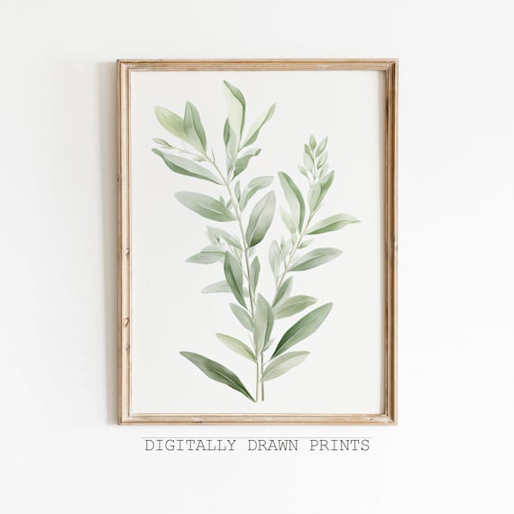 Sage Green Leafy Branches Watercolor Minimal Botanical Wall Art Print