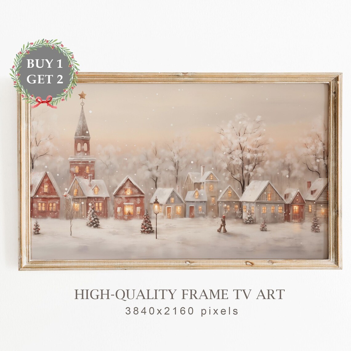 Vintage Christmas Town Painting, Scandinavian Decor Art Print