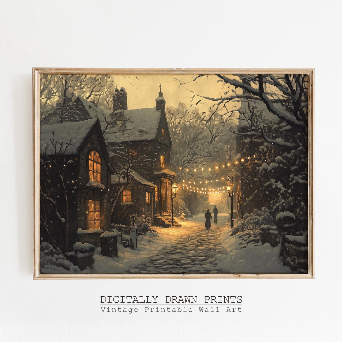 Vintage Snowy Village Christmas Evening Art Print